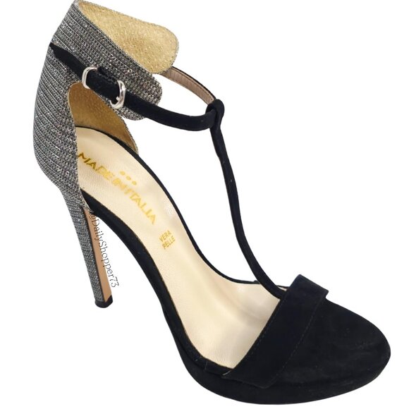 Vera Pelle Italy, women's black suede & metallic Silver pump stiletto heels - Picture 2 of 7